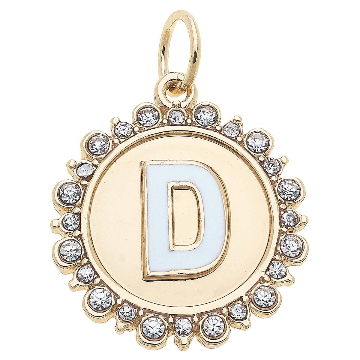 Rhinestone Letter Disc Charm in Shiny Gold