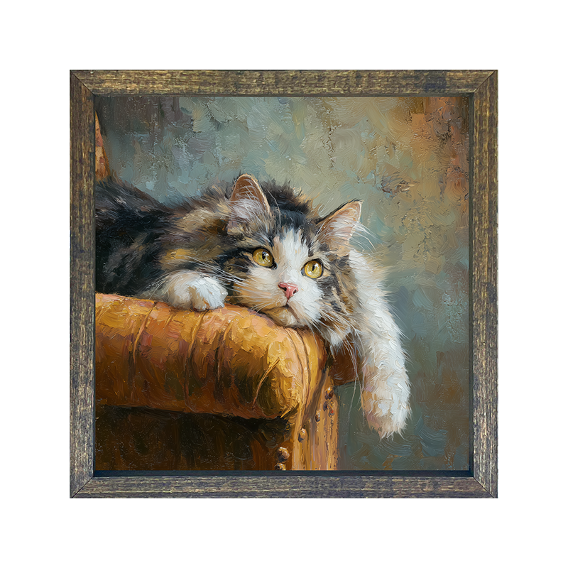 Armchair with Lounging Cat - Square Box Frame