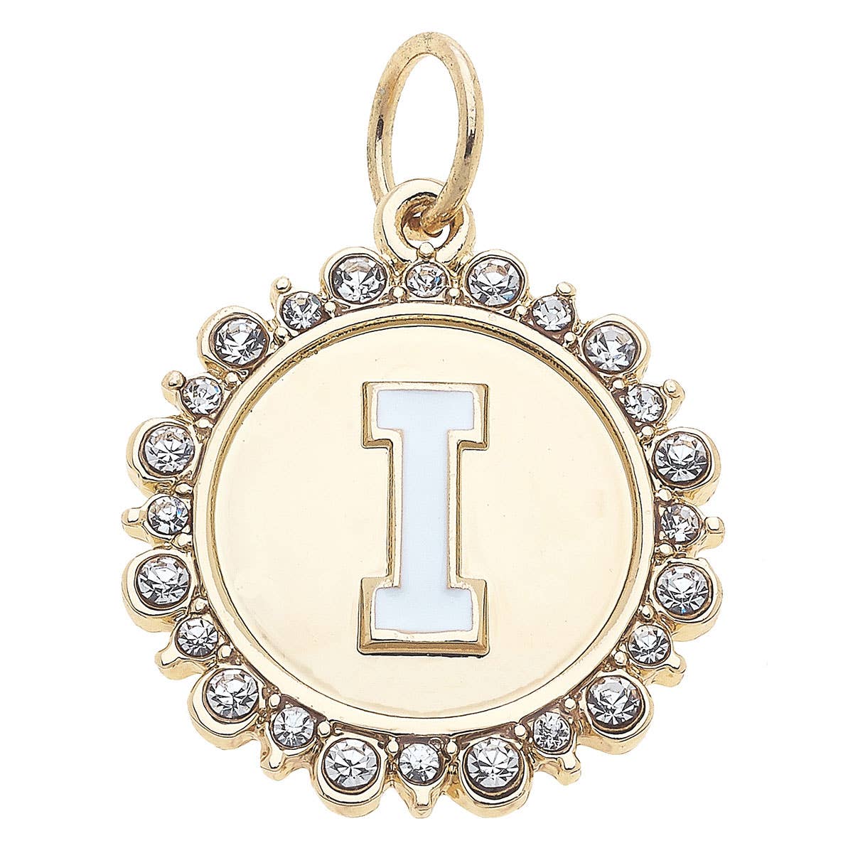 Rhinestone Letter Disc Charm in Shiny Gold