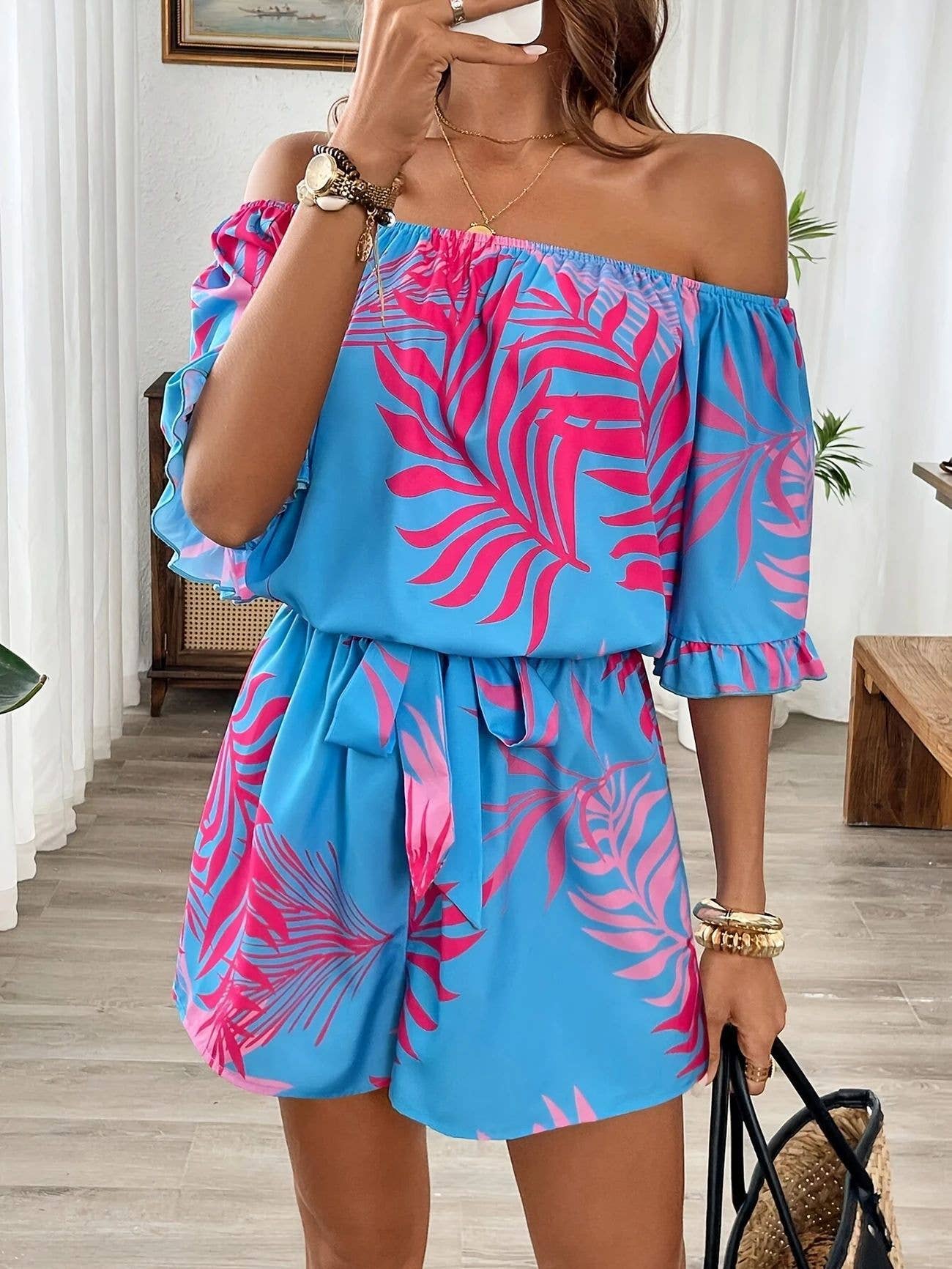 Women's Tropical Print Off Shoulder Ruffle Hem Jumpsuit