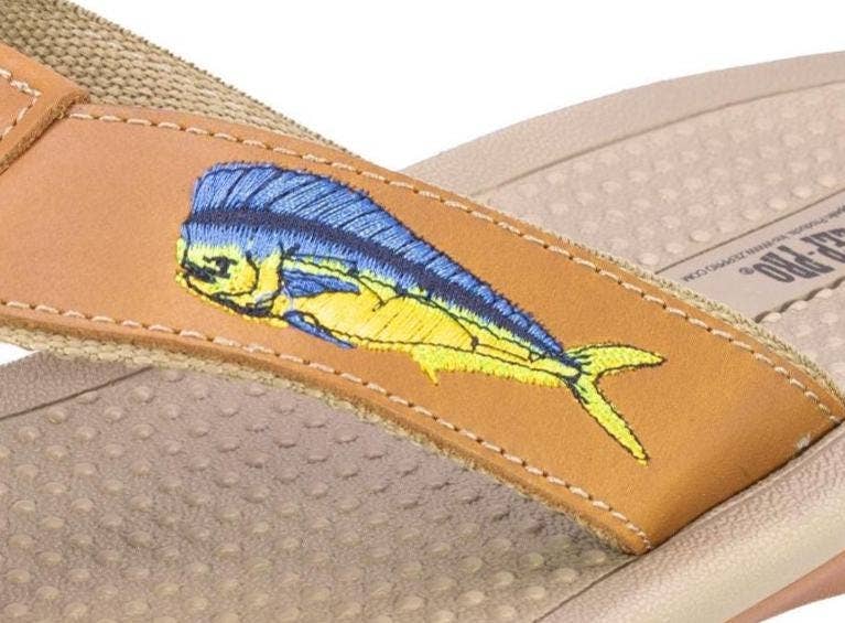 Mahi Dolphin Men's Fishing Tan Leather Embroidered Fishing Sandal