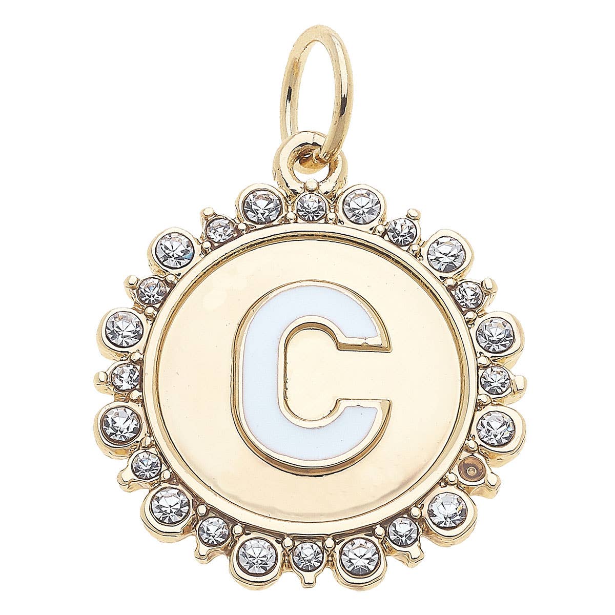 Rhinestone Letter Disc Charm in Shiny Gold