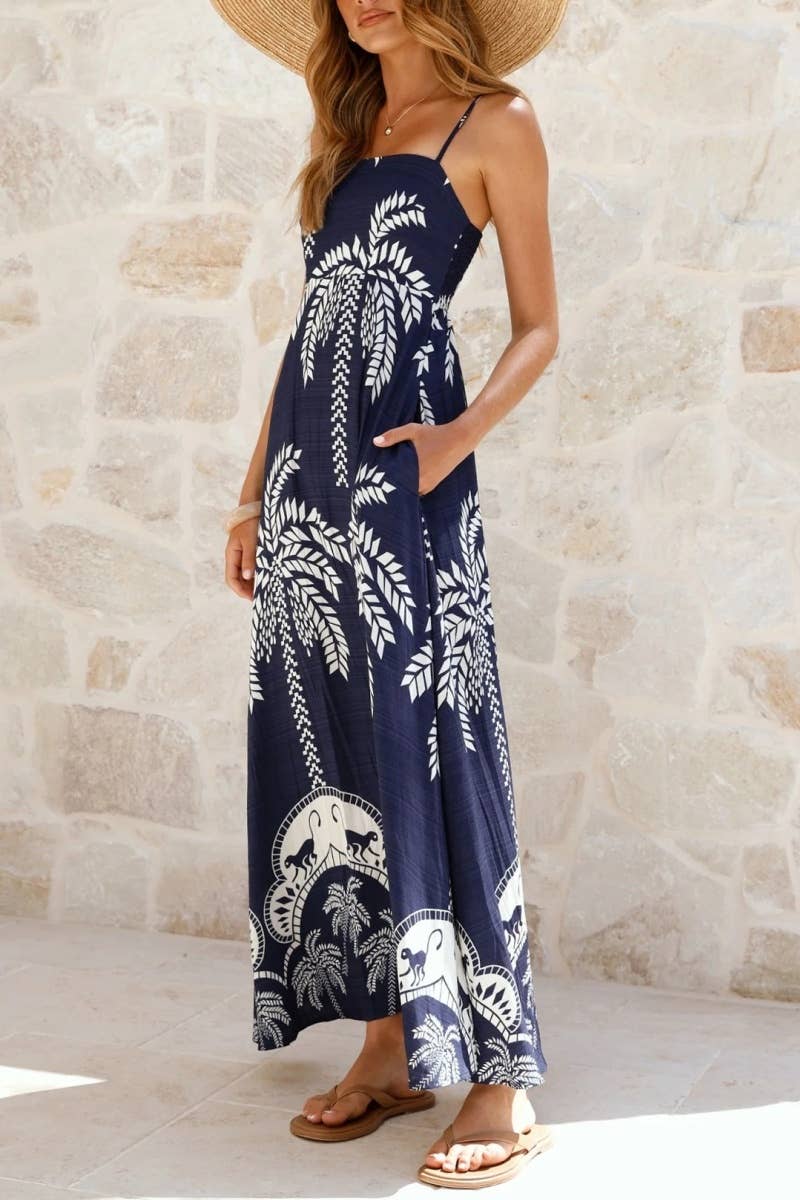 Tropical vacation palm print A-line strappy maxi dress
