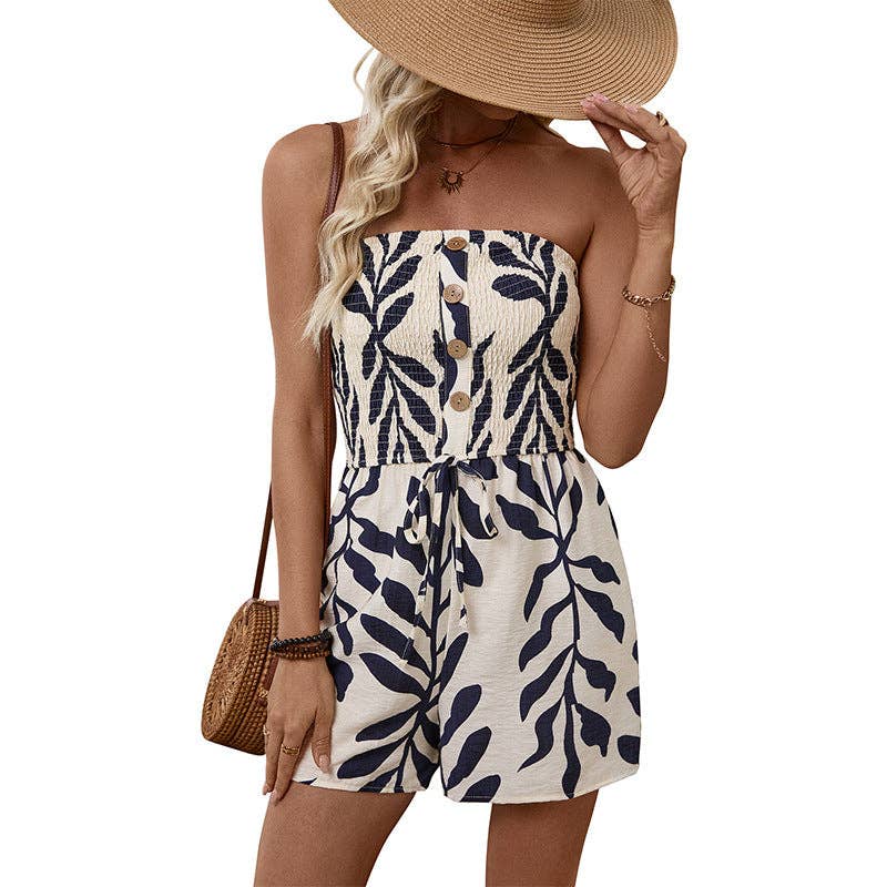 Women French Resort Leaf Print Strapless Waist Cinch Romper