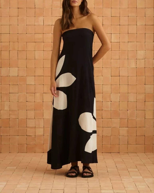 Boho Floral Print Bandeau A-line Maxi Dress