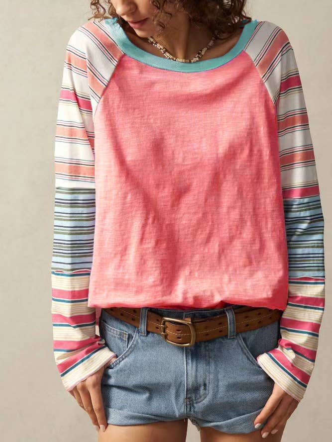 Raglan Sleeve Colorblock Striped Patchwork Top