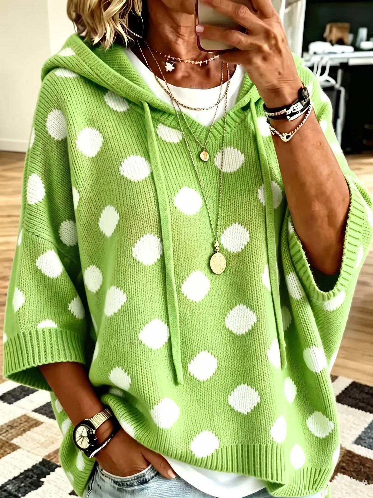 Polka Dot Hooded Short Sleeve Knit Sweater