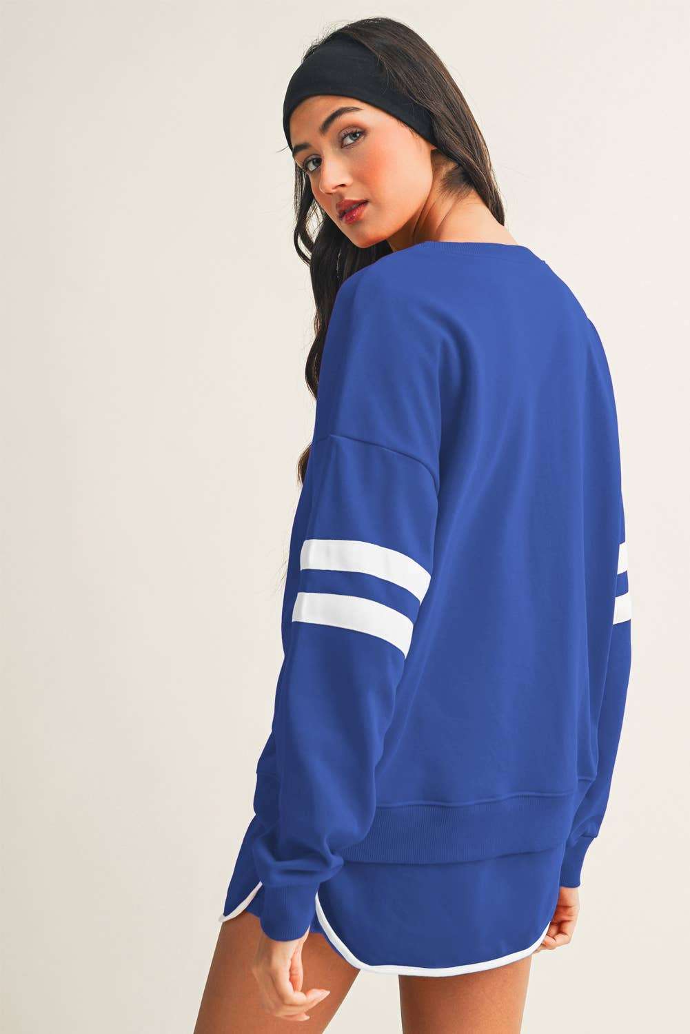 Stripe Detail Drop Shoulder Pullover Mini Skirt Set