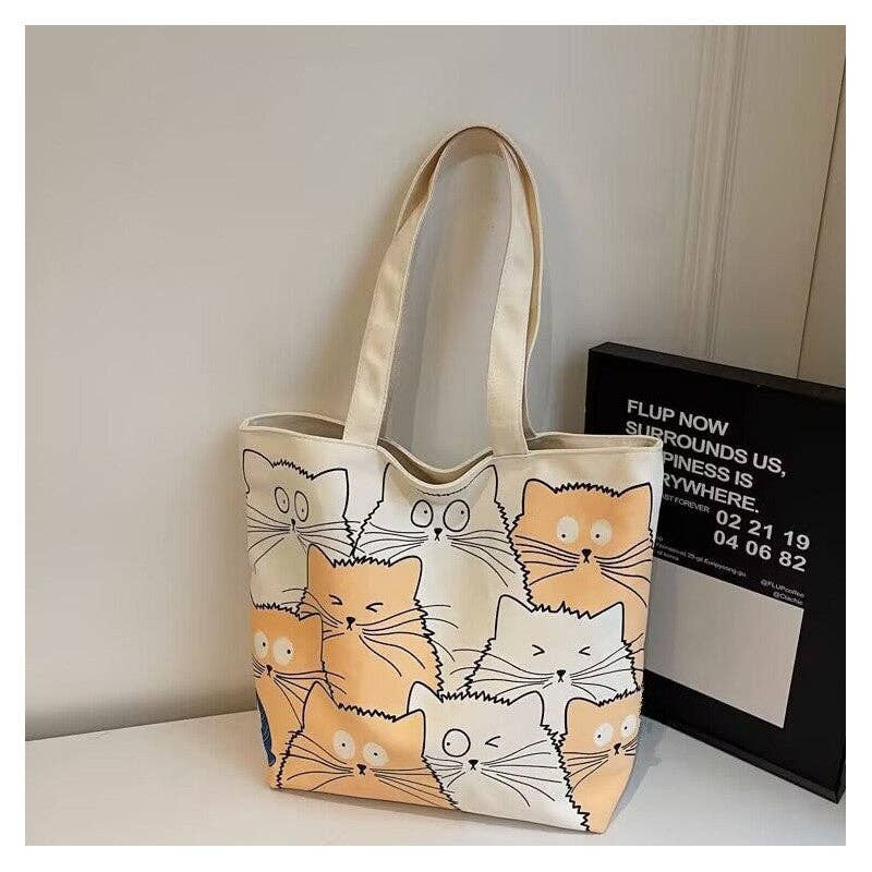 Large Capacity Canvas Tote Cat Cartoon Print