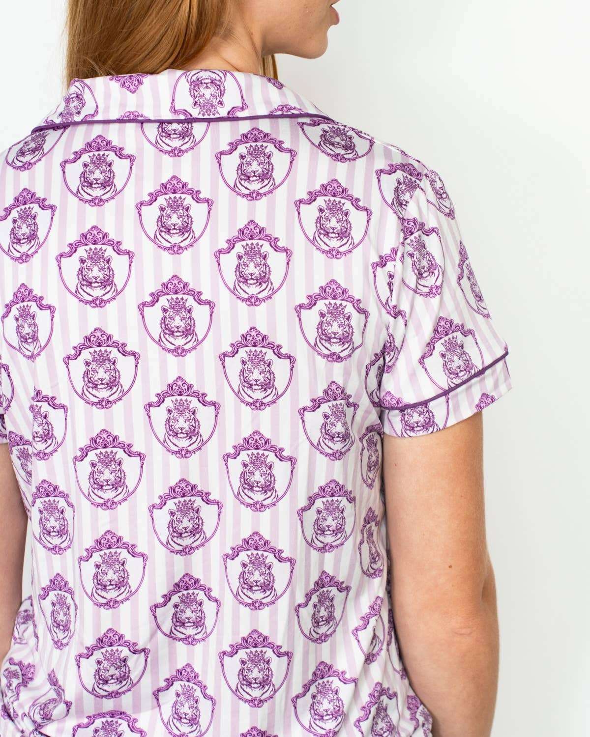 Gilded Tiger Short Sleeve Button Up Sleep Shirt Light Orchid/Purple