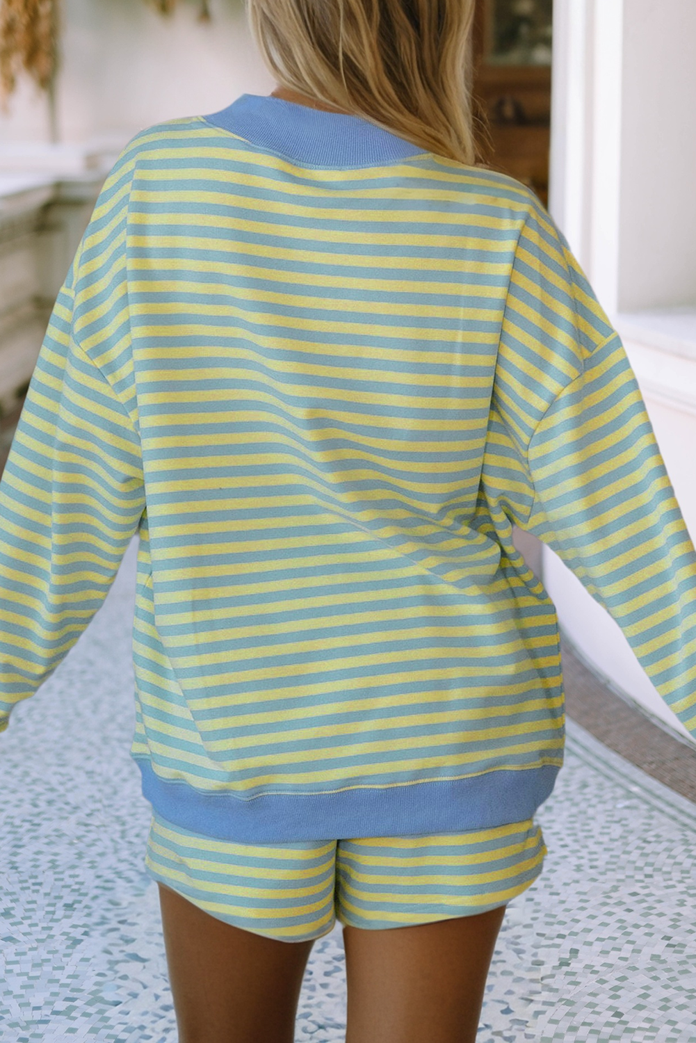 Stripe Colorblock Pullover Elastic Waist Shorts 2pc Set