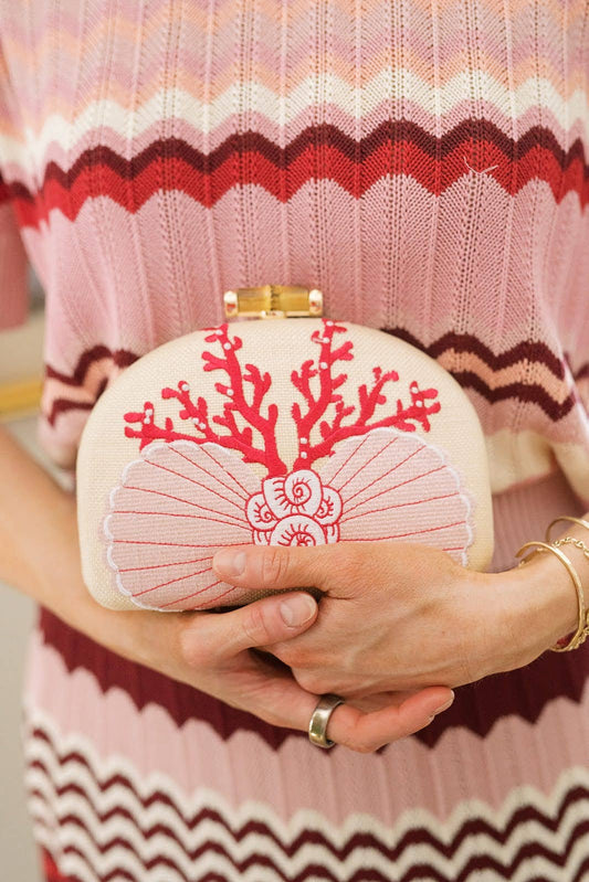 Coral and Shell Clutch- Embroidered