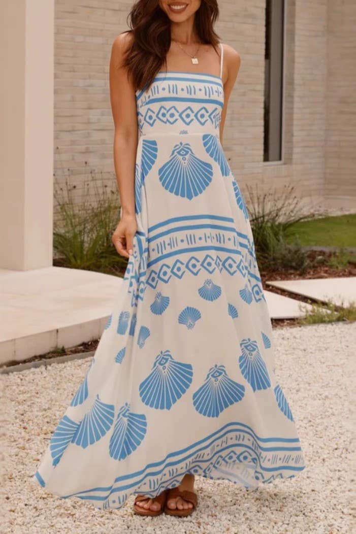 Ocean Inspired scallop print Spaghetti straps maxi dress