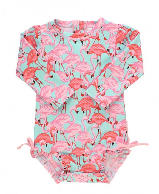 Baby Girls Fab Flamingo Long Sleeve One Piece Rash Guard Swimsuit with Signature Rear Ruffles