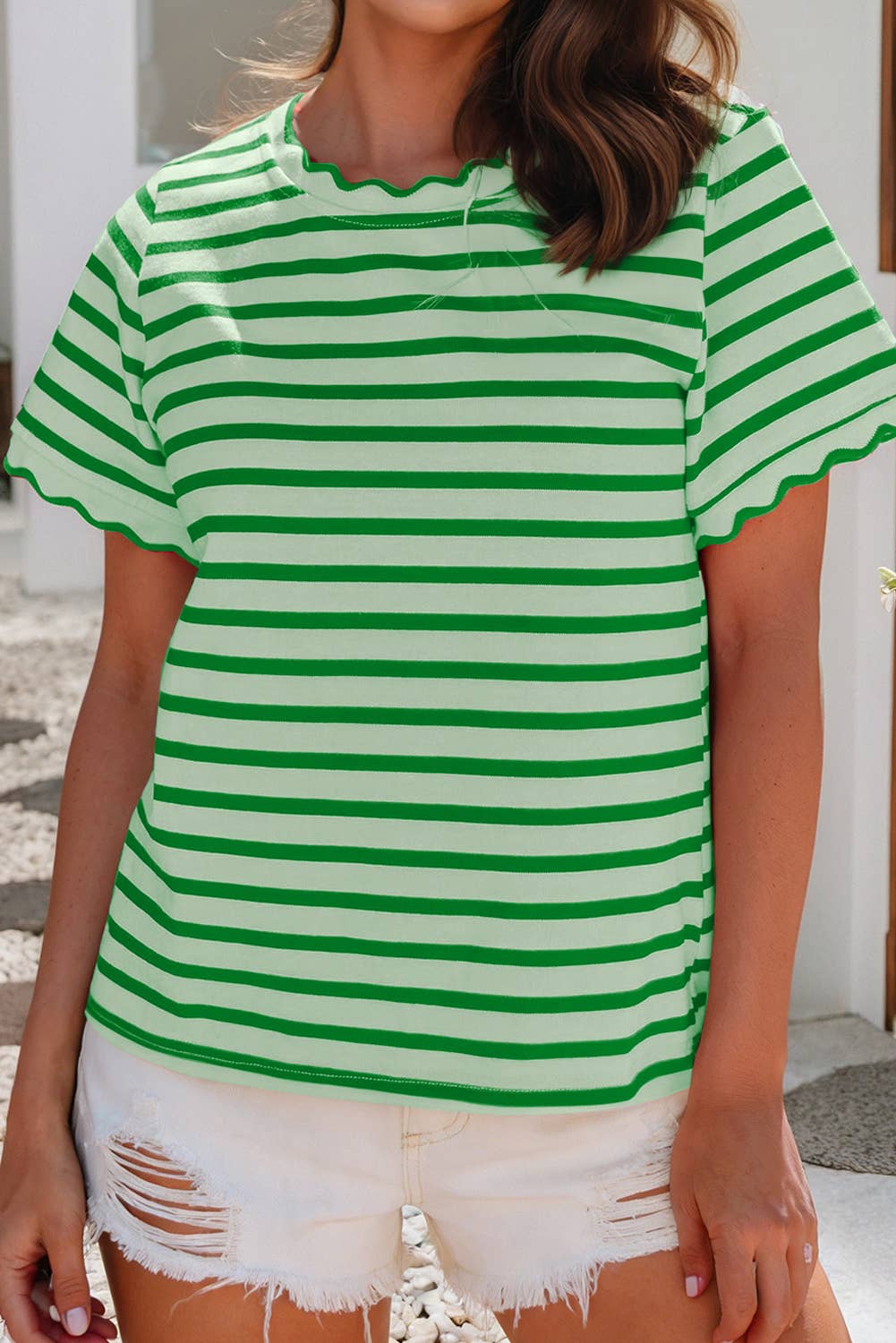 Scalloped Trim Round Neck Stripe T Shirt