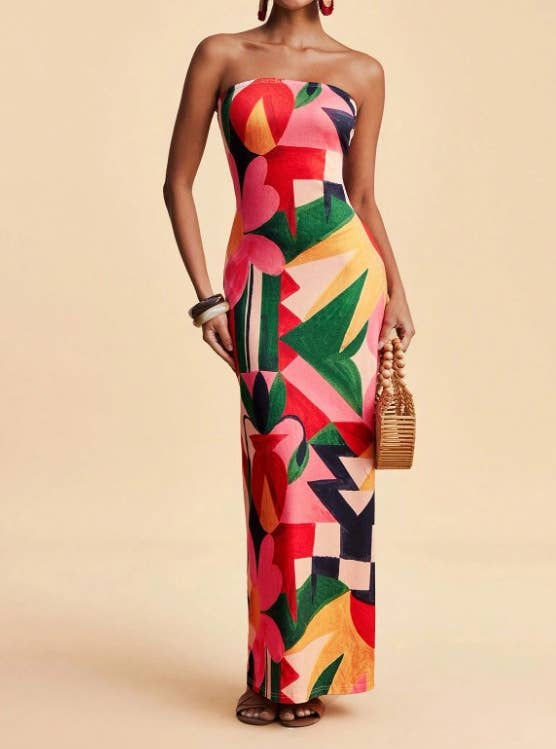 Tropical Floral Print Strapless Maxi Dress Tube Dress