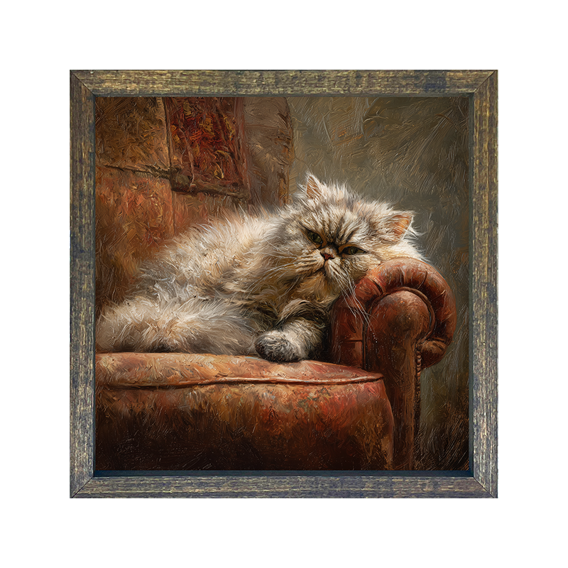 Armchair with Lounging Persian Cat - Square Box Frame