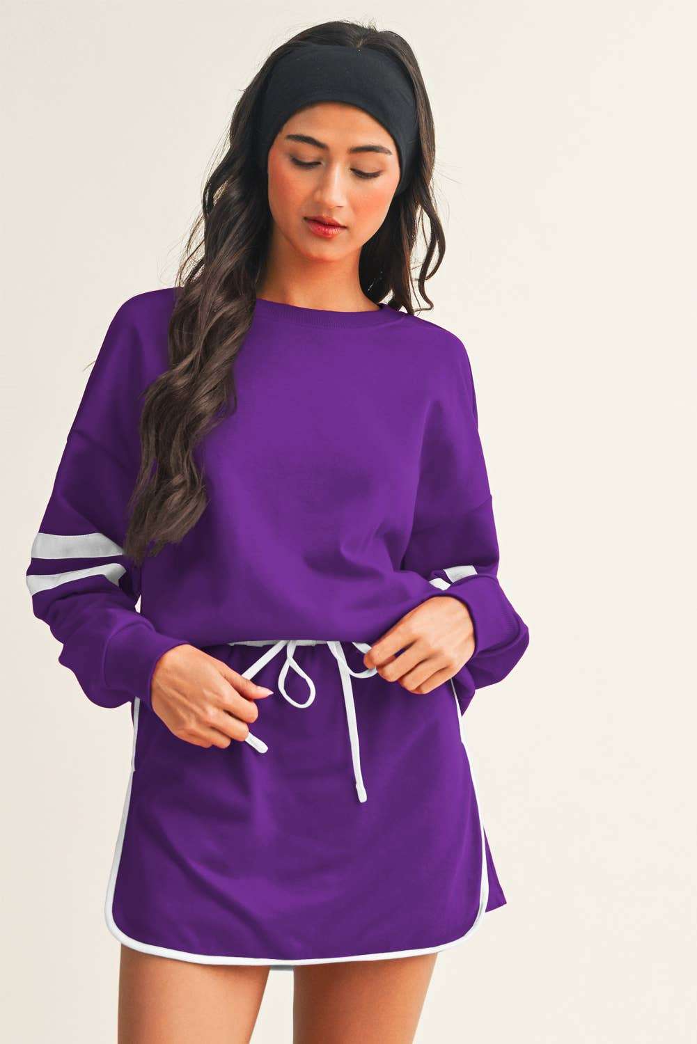 Stripe Detail Drop Shoulder Pullover Mini Skirt Set