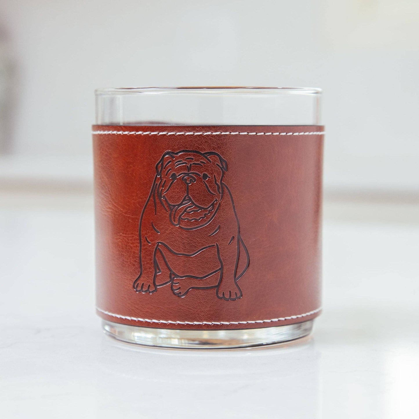 Bulldog Sitting Outline Faux Leather Rocks Glass