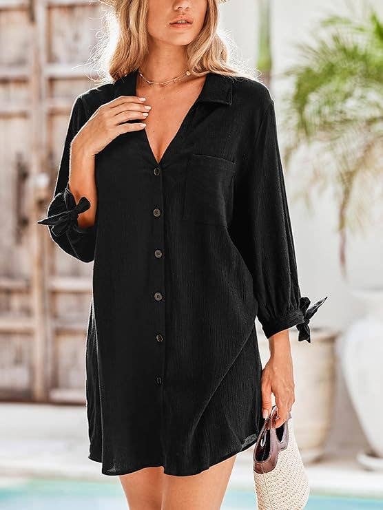 Cuffs Lace-Up Shirt Beach Sunscreen Cover-Up Dress