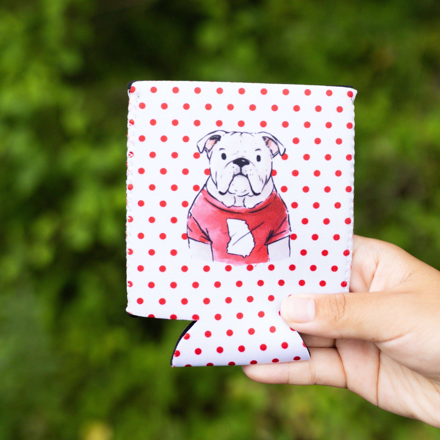 Red Polka Dot Bulldog Face Can Cooler