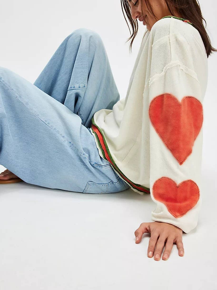 V day heart patch Relaxed fit crewneck long -sleeve shirt