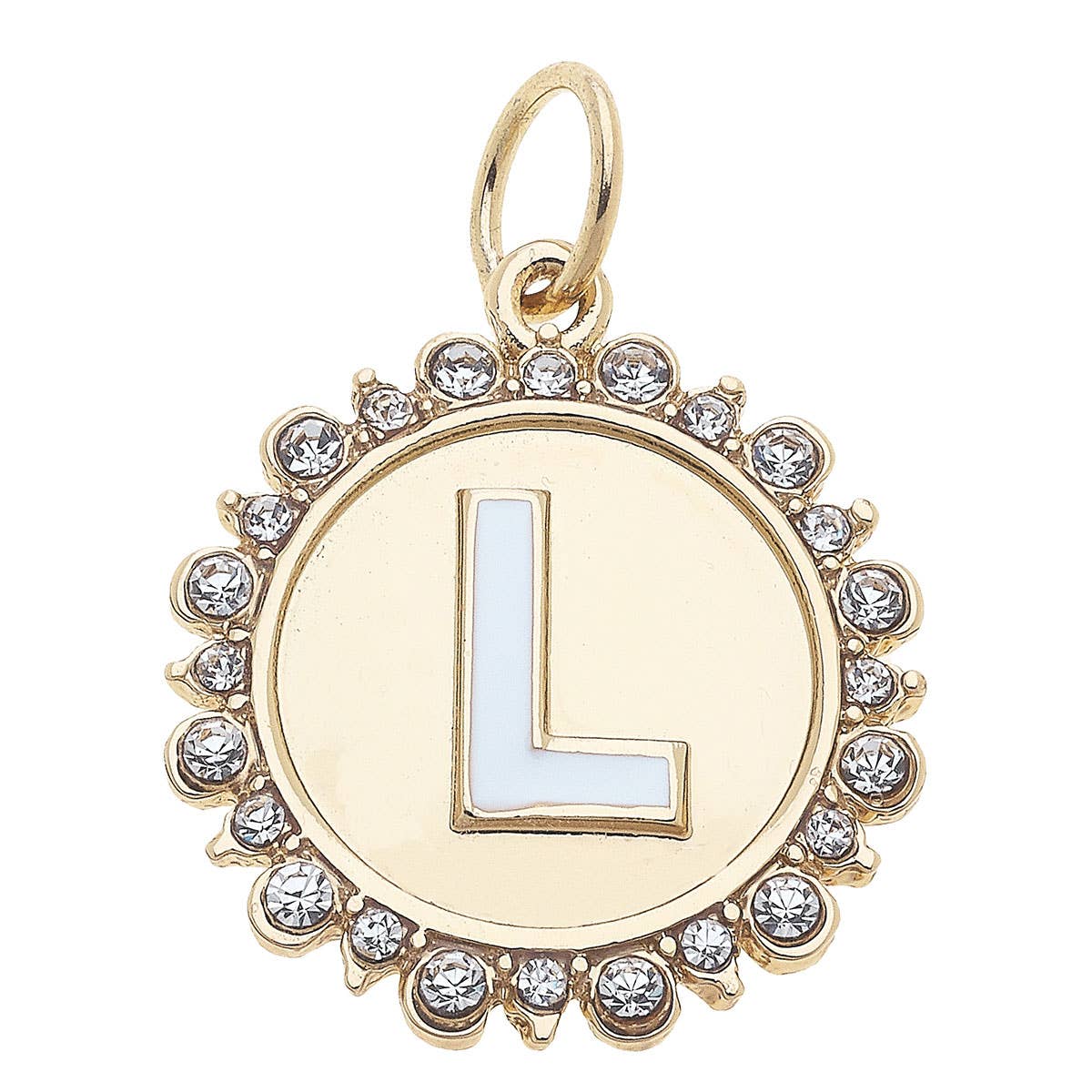 Rhinestone Letter Disc Charm in Shiny Gold
