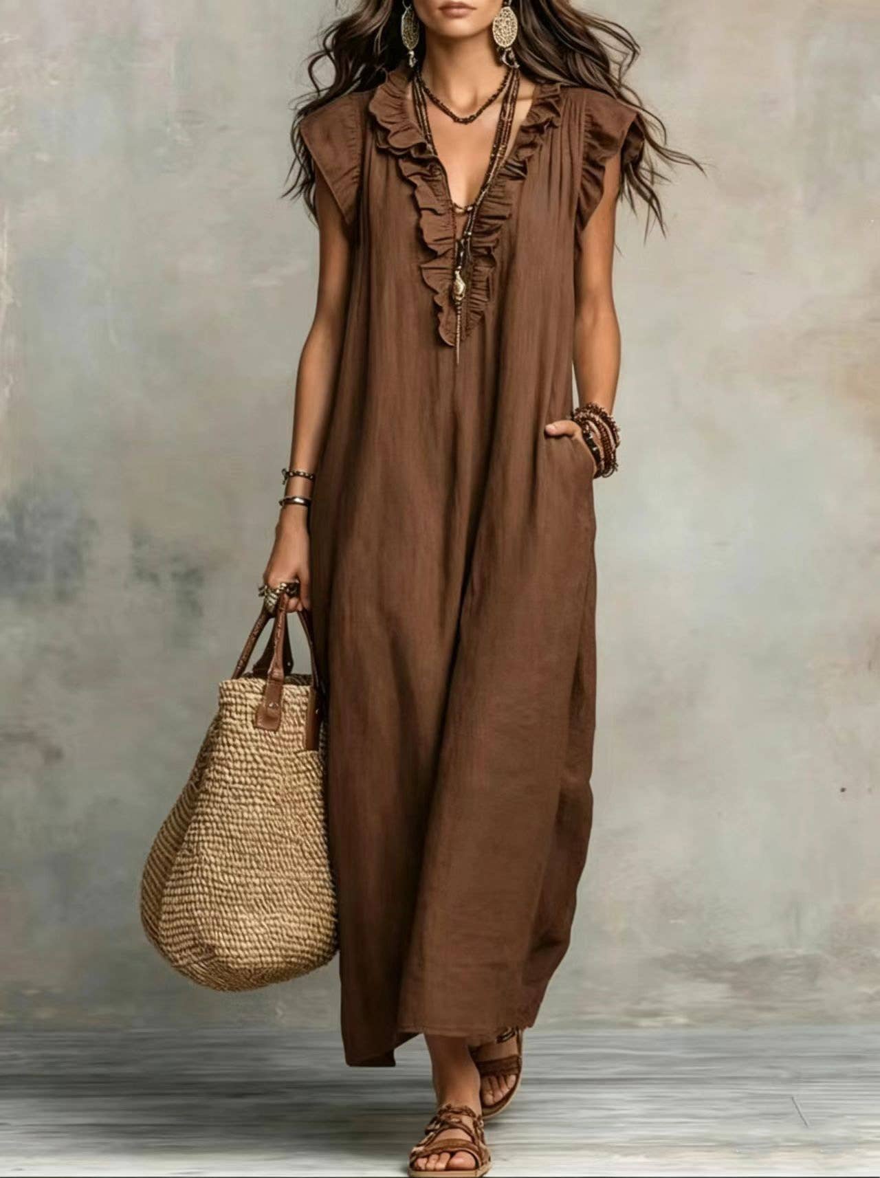 Boho Loose Fit Ruffle Collar Dress with Flutter Cap Sleeves