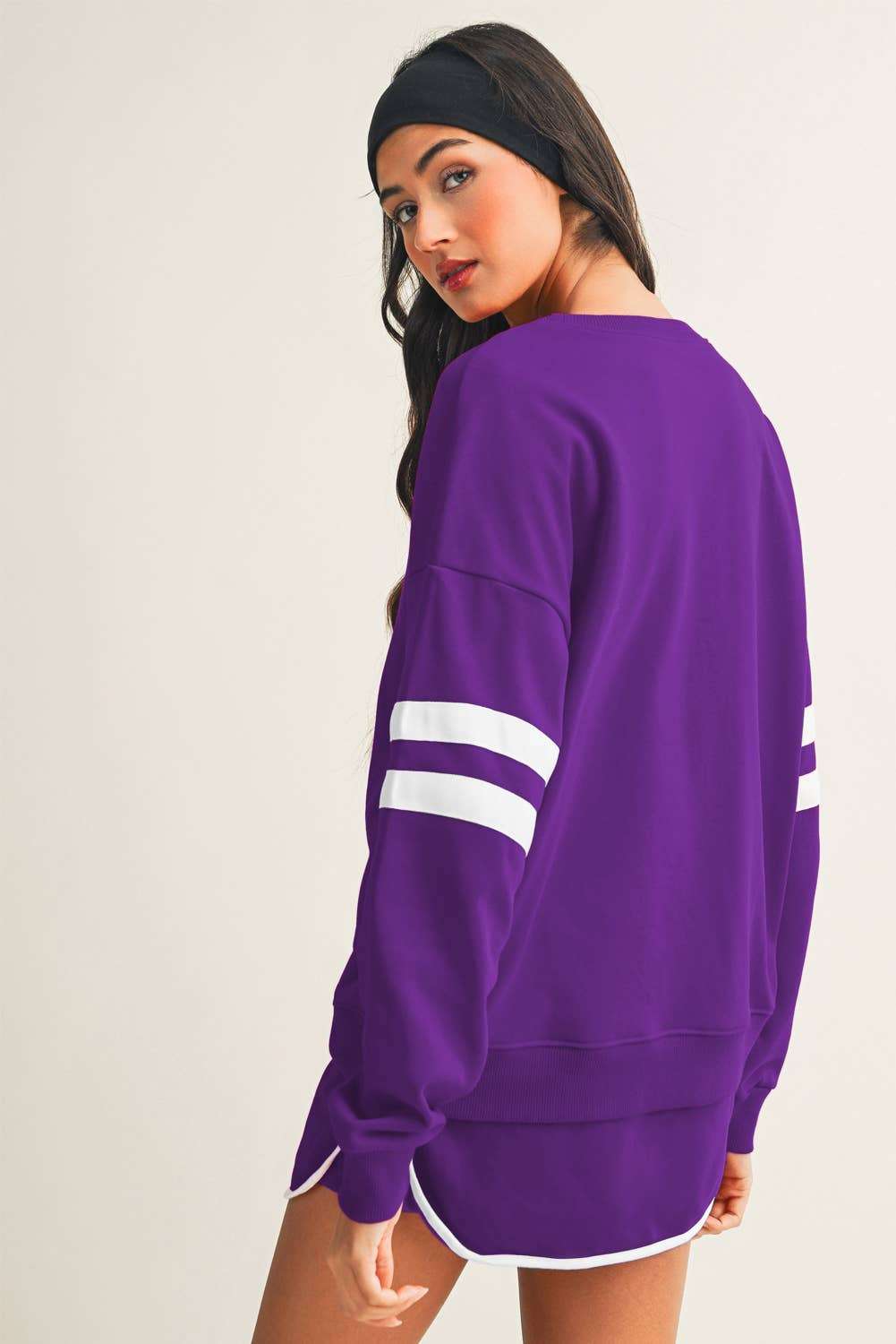 Stripe Detail Drop Shoulder Pullover Mini Skirt Set