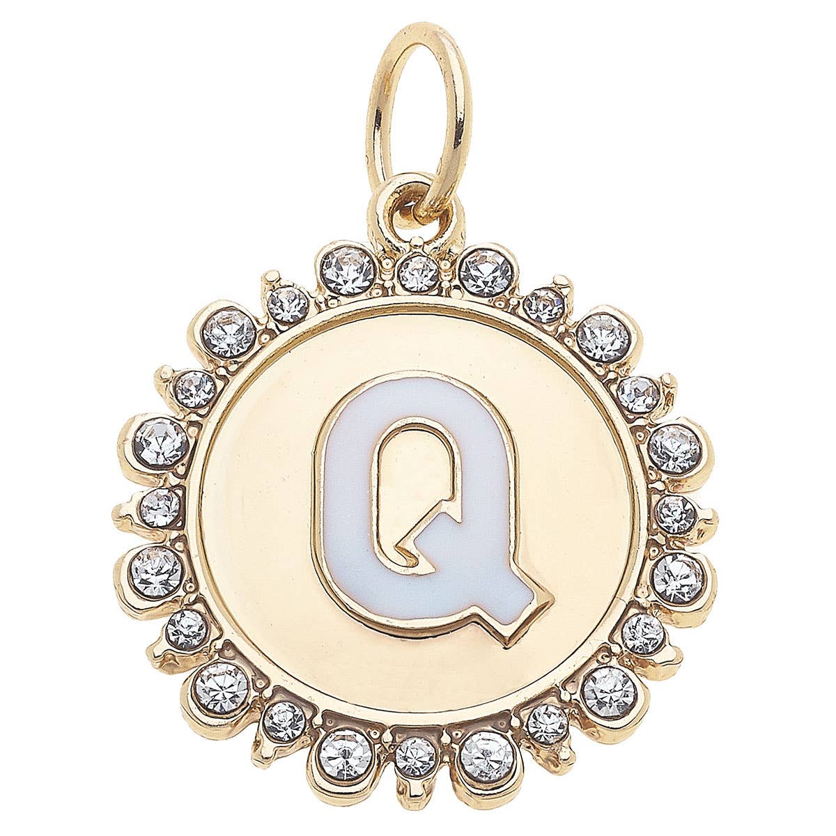 Rhinestone Letter Disc Charm in Shiny Gold