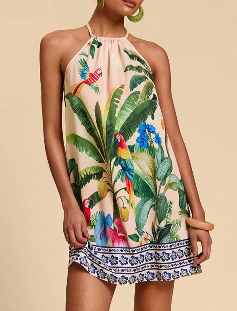 Tropical Halter Neck Mini Dress