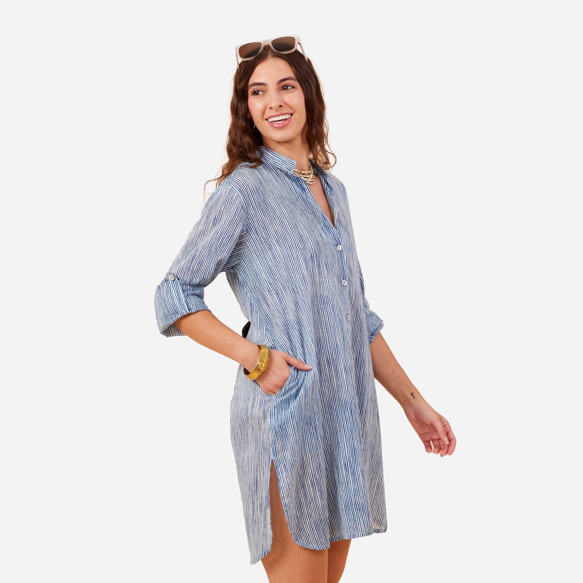 Suri Navy Cotton Button Down Beach Tunic