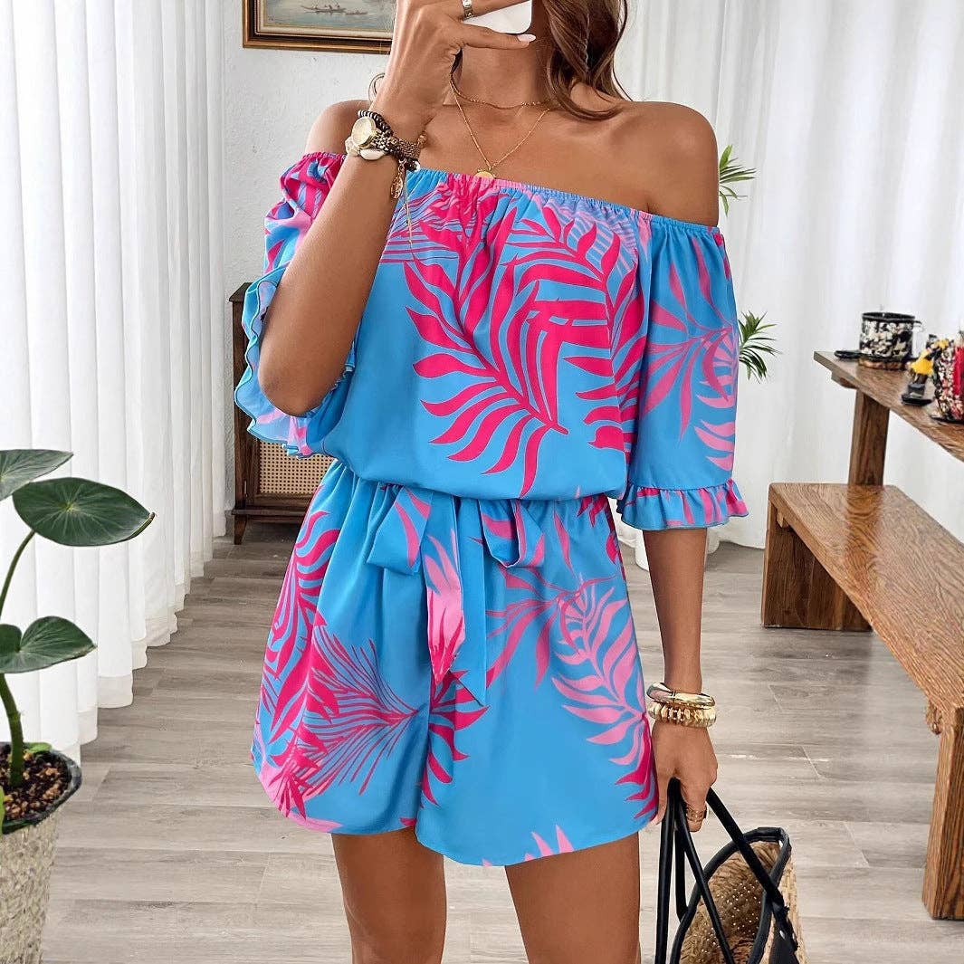 Women's Tropical Print Off Shoulder Ruffle Hem Jumpsuit