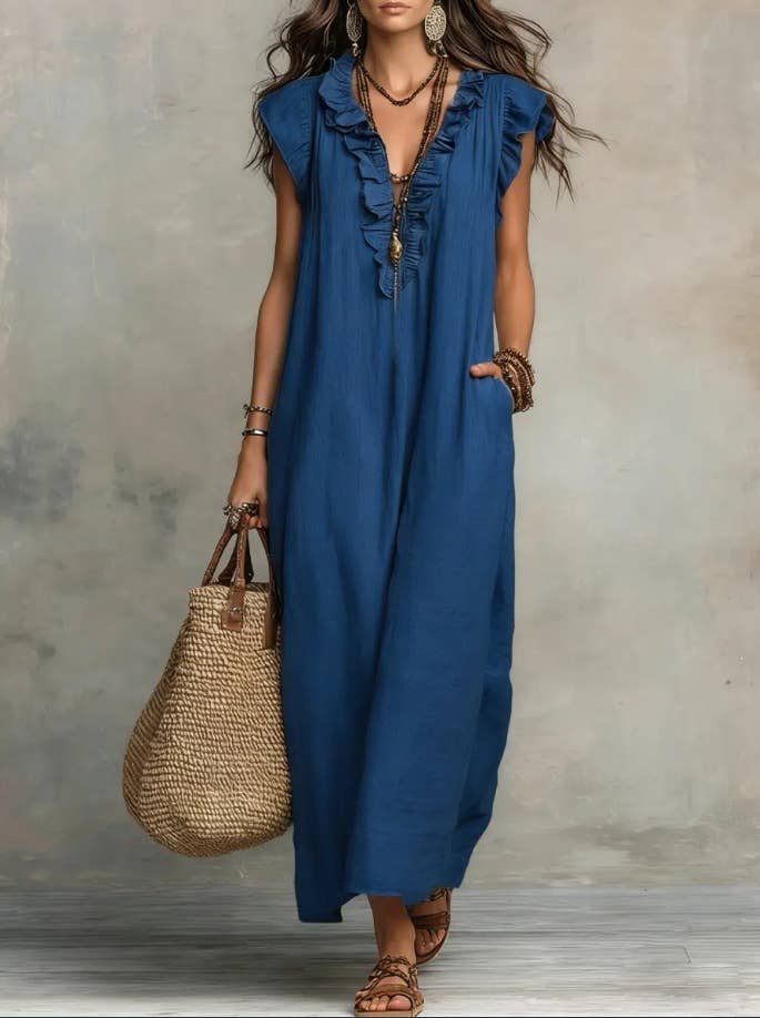 Boho Loose Fit Ruffle Collar Dress with Flutter Cap Sleeves