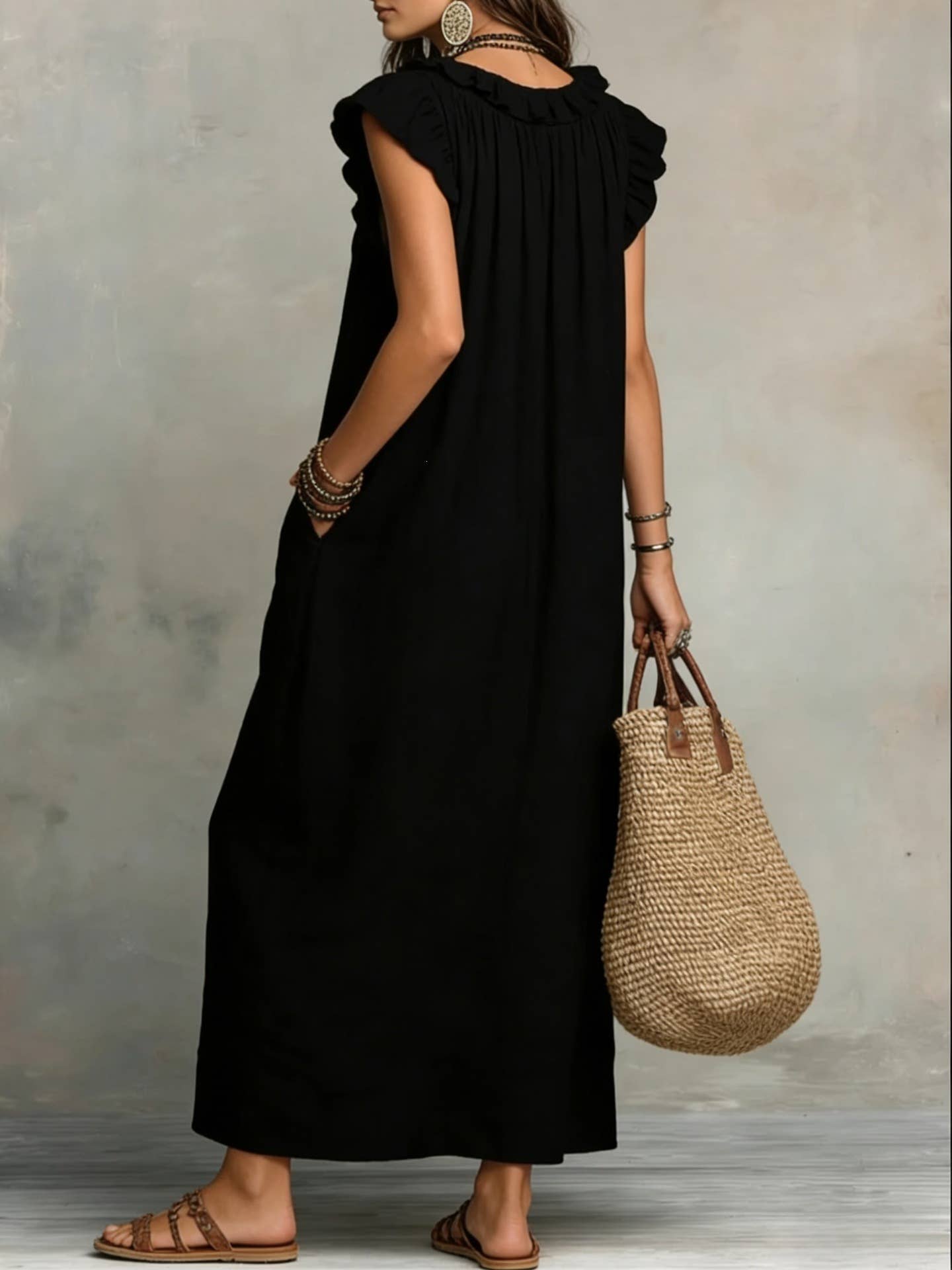 Boho Loose Fit Ruffle Collar Dress with Flutter Cap Sleeves