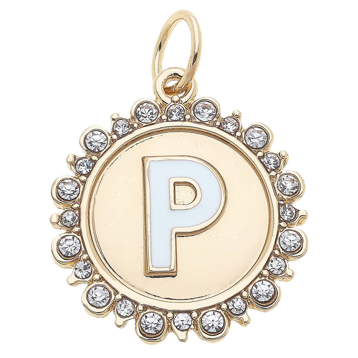 Rhinestone Letter Disc Charm in Shiny Gold