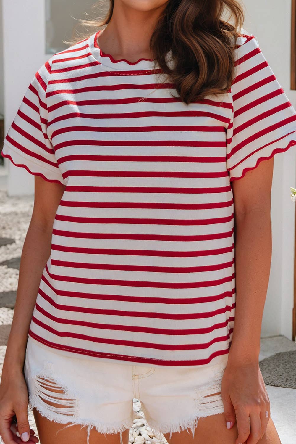 Scalloped Trim Round Neck Stripe T Shirt
