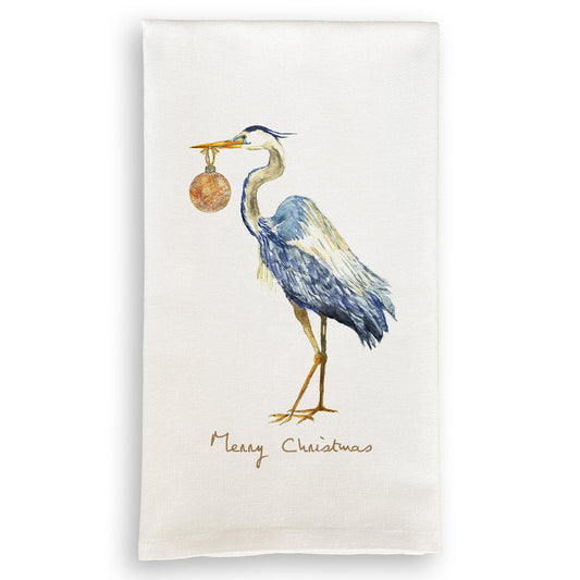 French Graffiti Blue Heron Merry Christmas Dish Towel