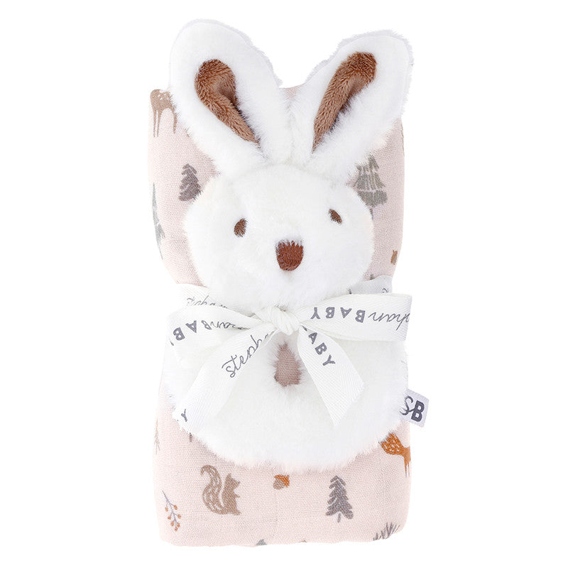 Pink Woodland Swaddle with Bunny Rattle