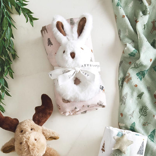 Pink Woodland Swaddle with Bunny Rattle