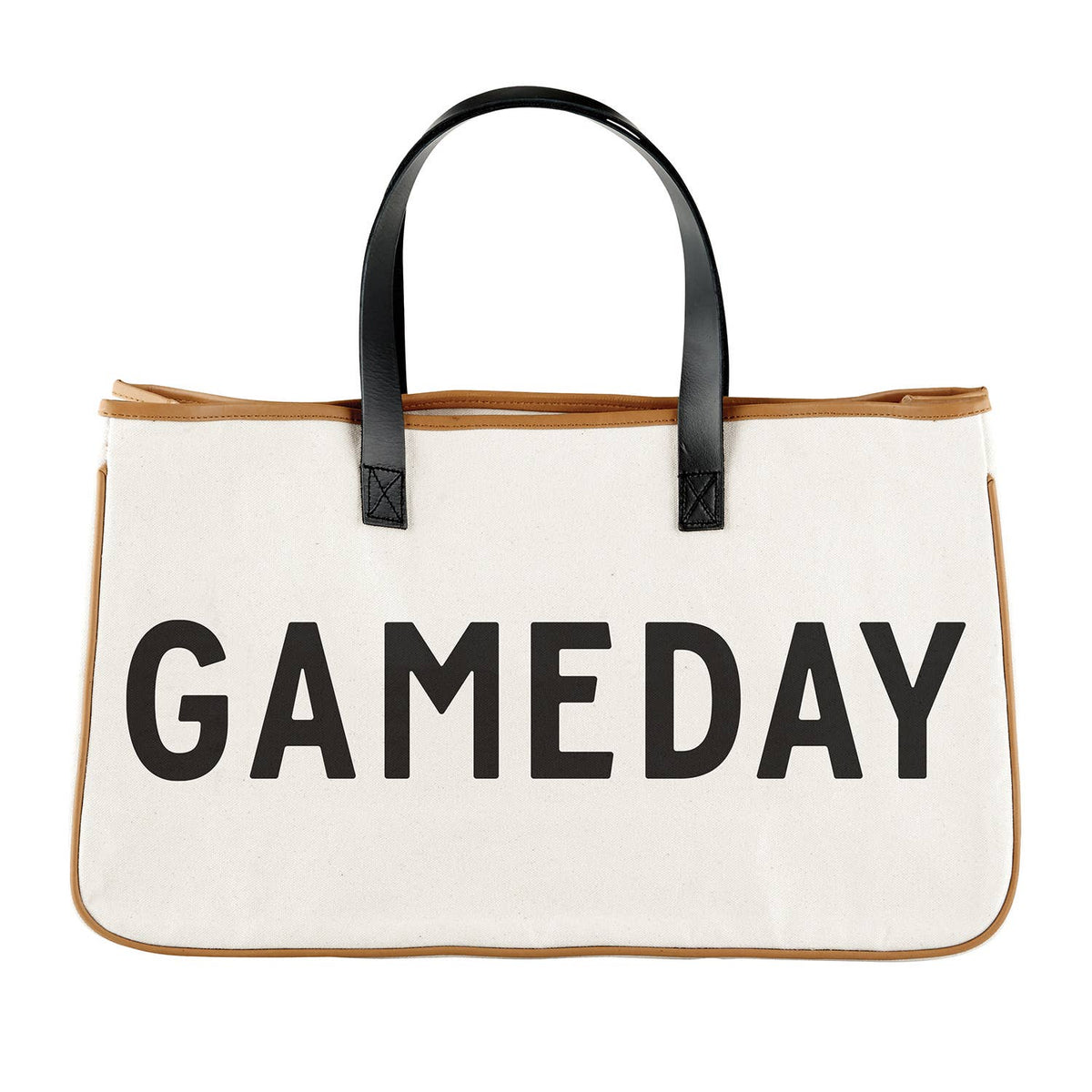 White tote bag with 'GAMEDAY' text and black handles on a white background