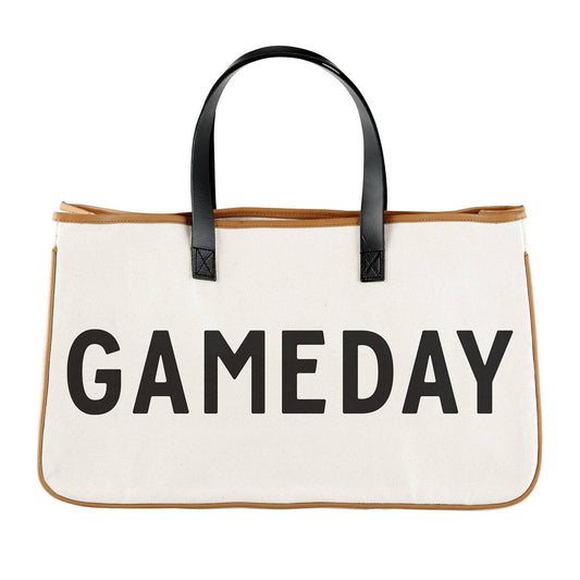 White tote bag with 'GAMEDAY' text and black handles on a white background