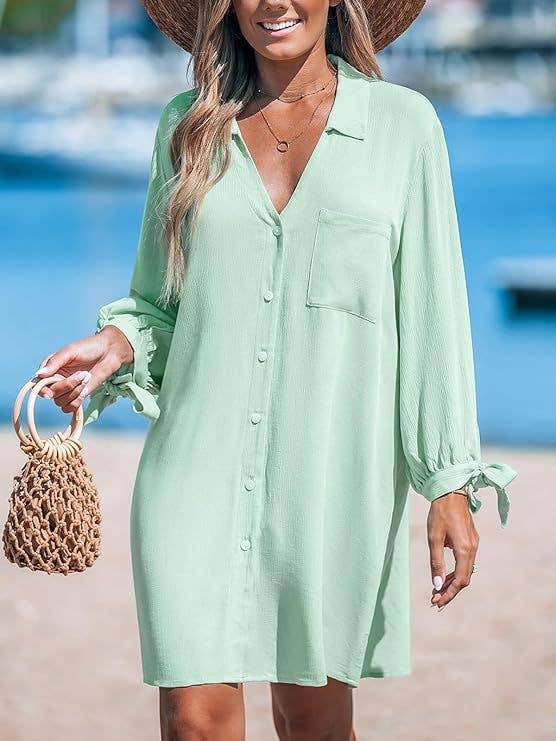 Cuffs Lace-Up Shirt Beach Sunscreen Cover-Up Dress