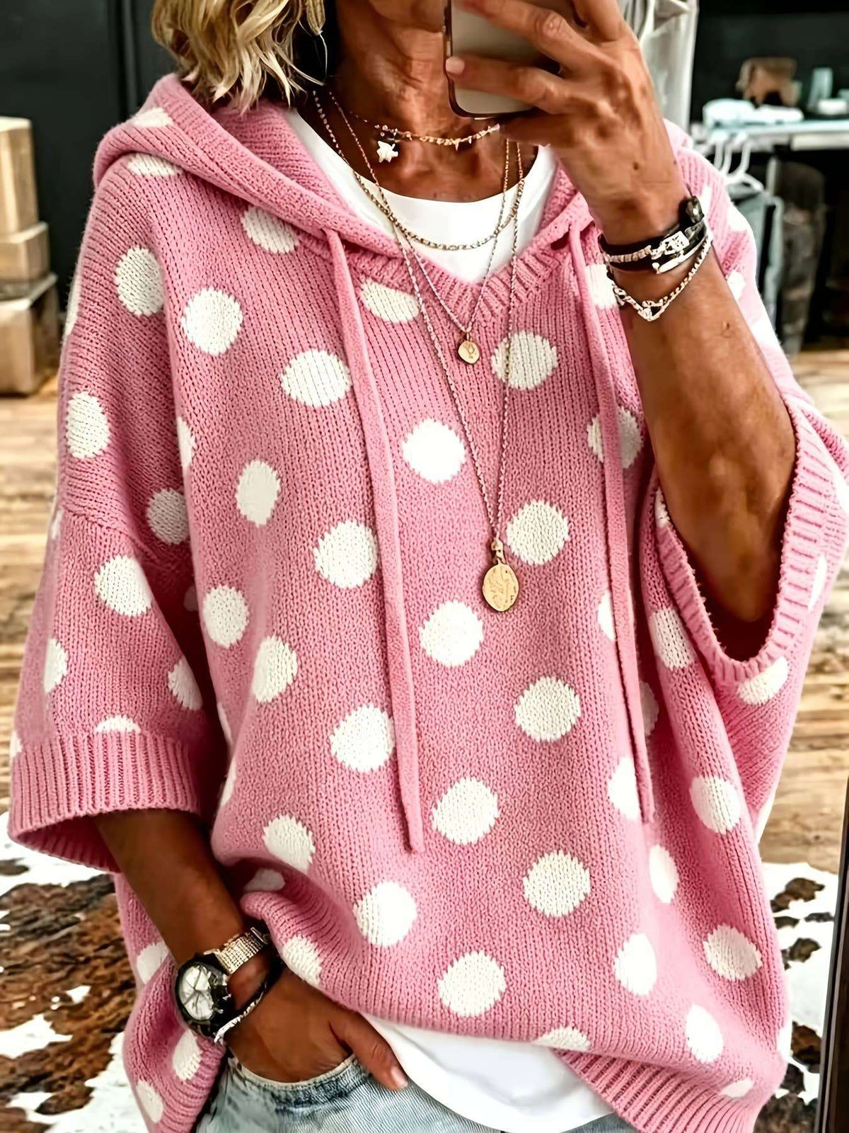 Polka Dot Hooded Short Sleeve Knit Sweater