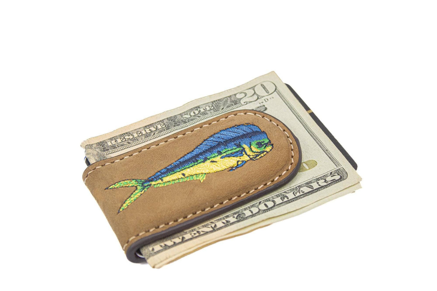 Embroidered Fish Leather Money Clip.