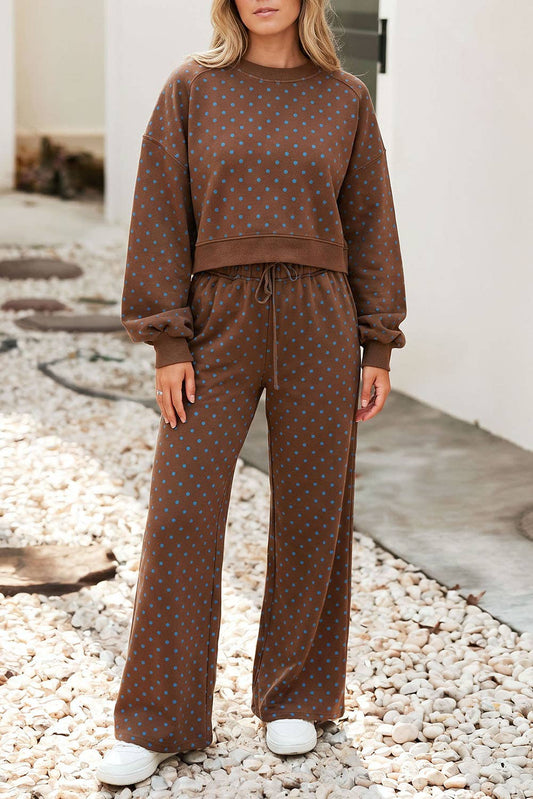 Polka Dot Drawstring Wide Leg Pants Set