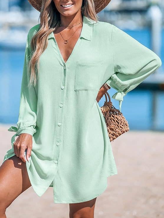Cuffs Lace-Up Shirt Beach Sunscreen Cover-Up Dress