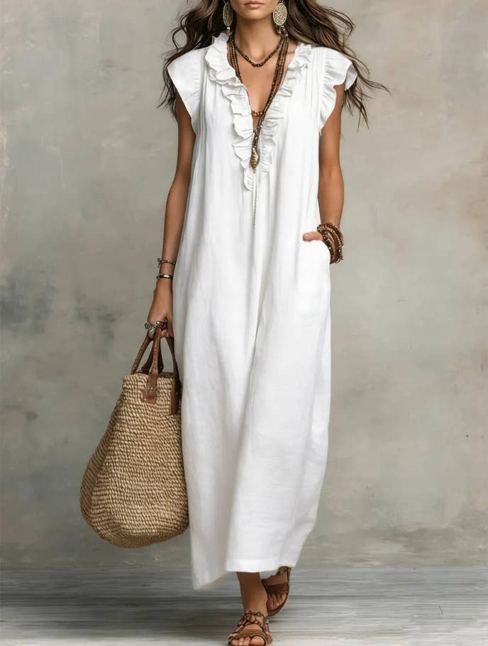 Boho Loose Fit Ruffle Collar Dress with Flutter Cap Sleeves