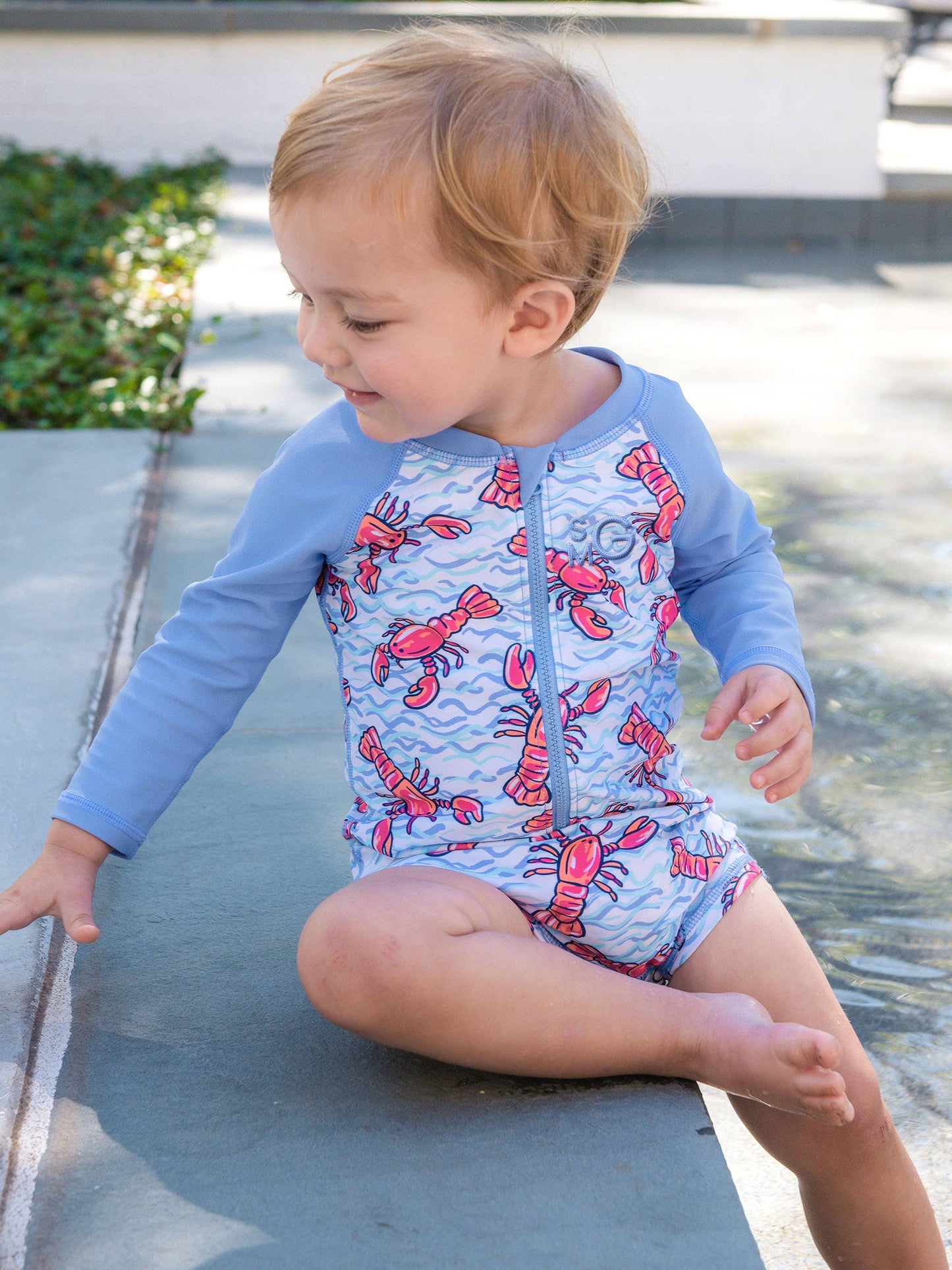 Baby Boys Blue Lobster Lagoon Long Sleeve One Piece Rash Guard Swimsuit