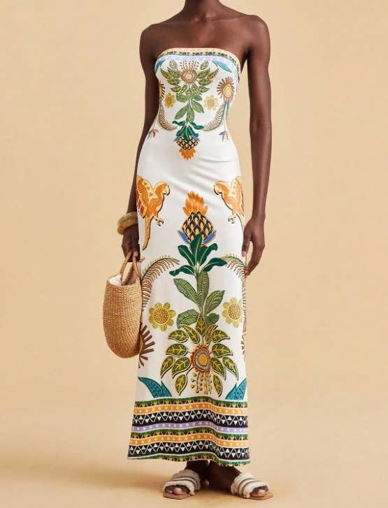 Tropical Floral Print Strapless Maxi Dress Tube Dress
